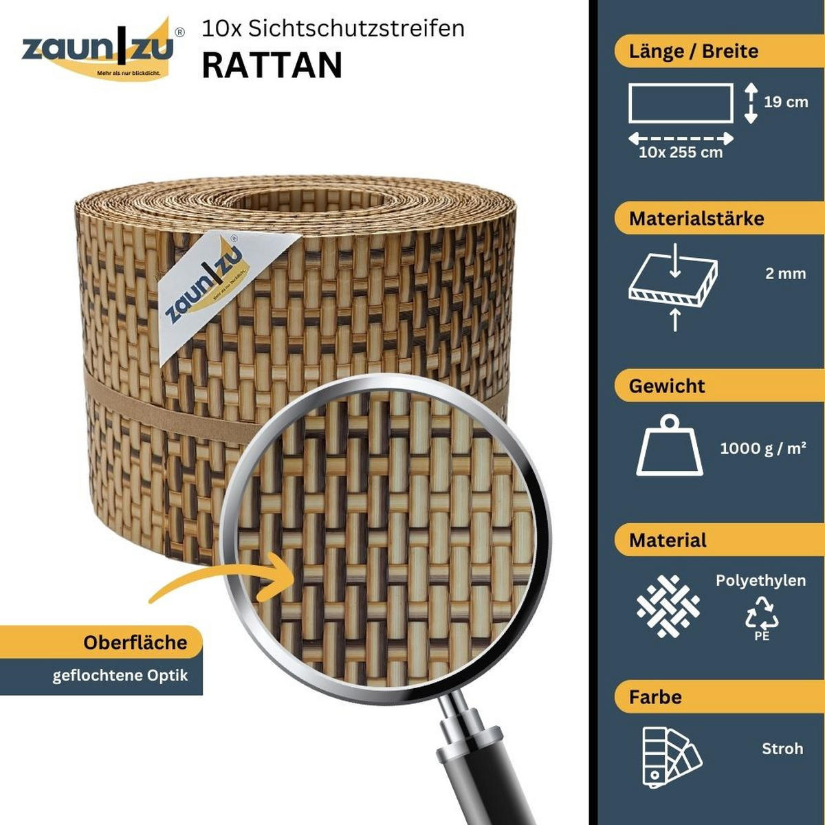 SICHTSCHUTZSTREIFEN Rattan für Doppelstabmatten UV-beständig Stroh 10x 2,55m - Akaziefarben, Kunststoff (2550/19cm) - ZAUN|ZU