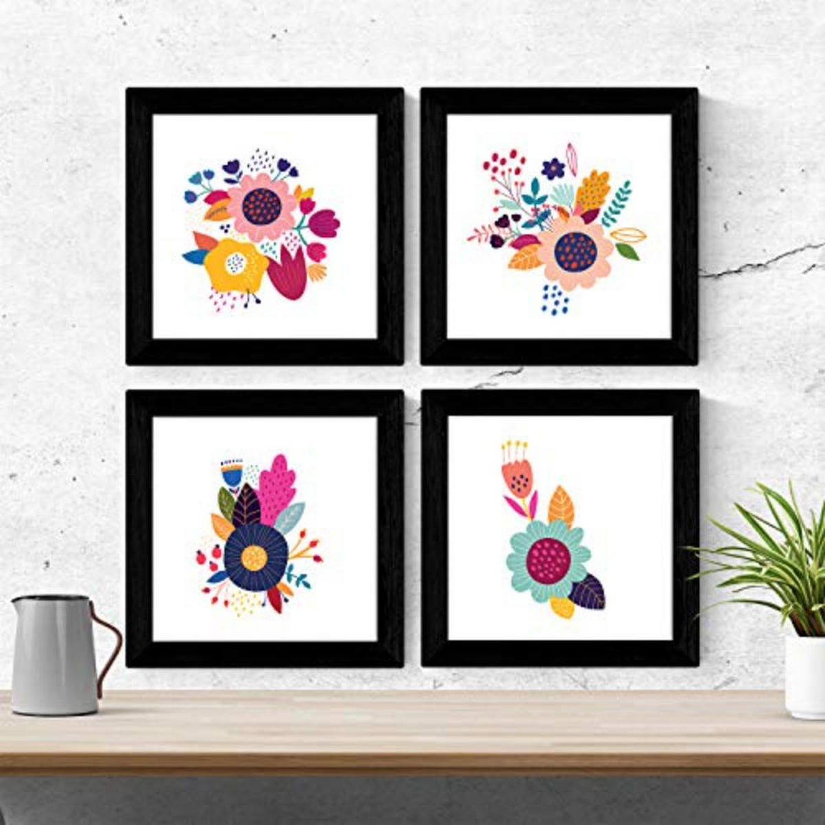 POSTER Set mit 4 bunter Blumen im skandinavischen Stil 20x20cm Schwarzer Rahmen - Schwarz, Papier (20/3cm) - Nacnic
