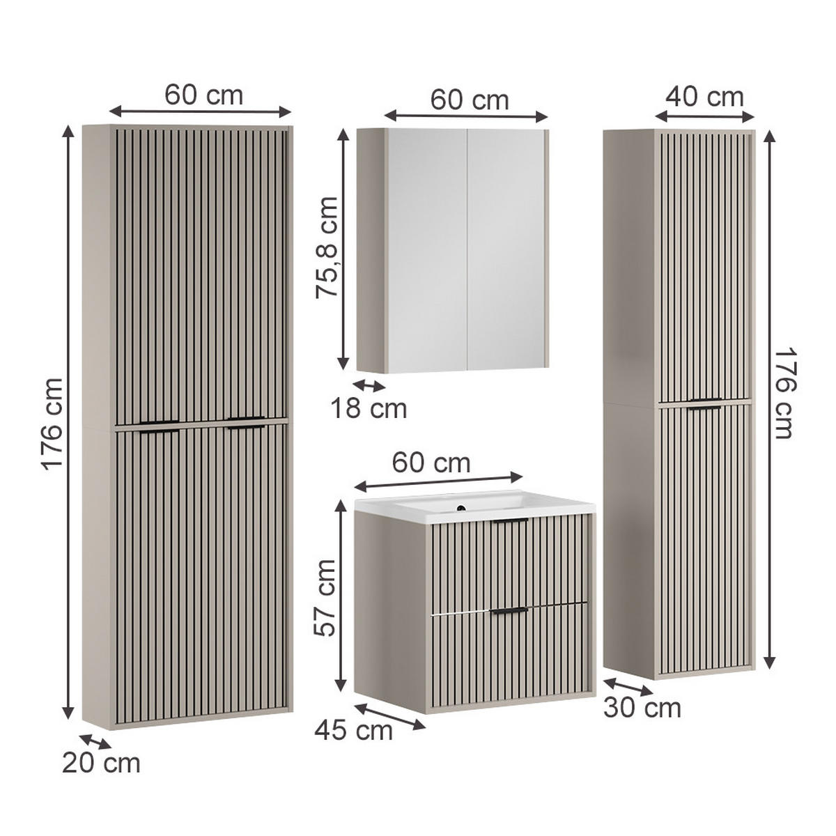 BADMÖBEL-SET Ruford Cashmere 5 Teile - Kaschmir, Holzwerkstoff (60/57/45cm) - Vicco