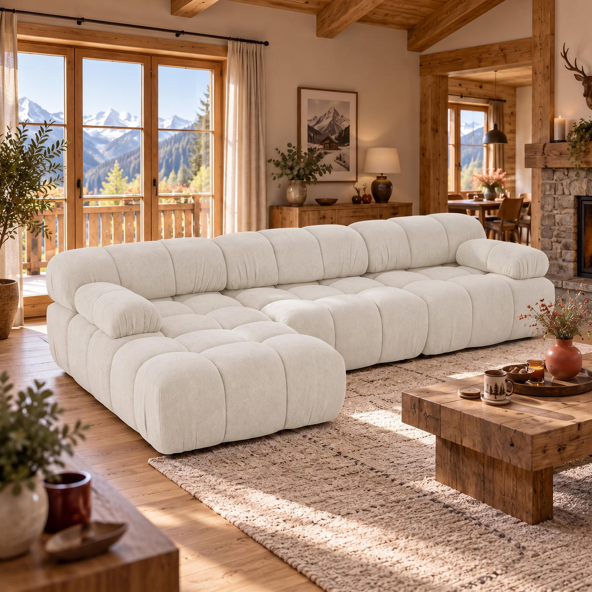 MODULARES Ecksofa MOMENTUM L, Links, Breite 282 cm, strukturierter Stoff, Weiß - Chromfarben/Weiß, Holz/Textil (282/155cm) - Muffo
