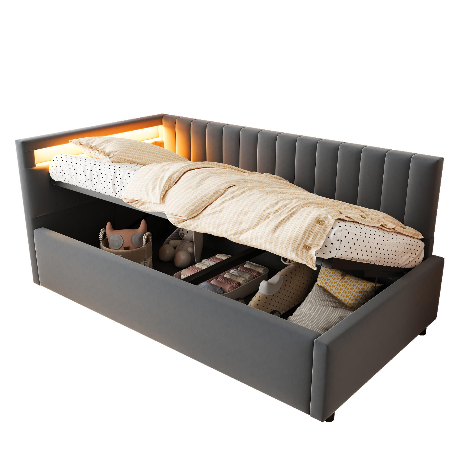 POLSTERBETT 90/200 cm Grau mit Stauraum und LED-Beleuchtung aus Samt - Grau, Textil (90/200cm) - Flora Grace