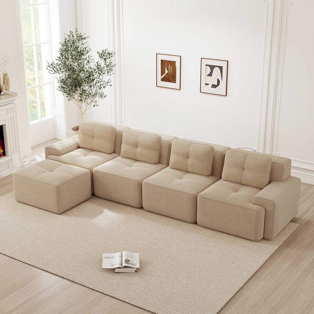 4-SITZER ECKSOFA Cord Beige Rutschfest Und Montagefrei - Beige, Textil (382/177cm) - WISHDOR