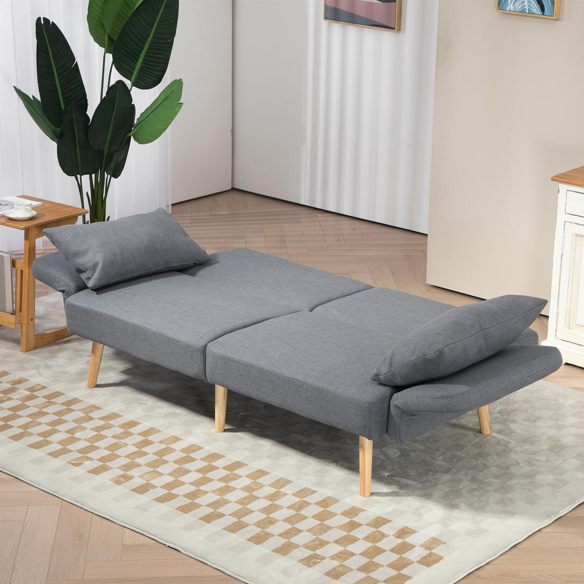 3-SITZER Schlafsofa, 2-Sitzer Klappbett mit Bettfunktion, 2 Wurfkissen Grau - Naturfarben/Grau, Holz/Textil (83/80/170cm) - HOMCOM
