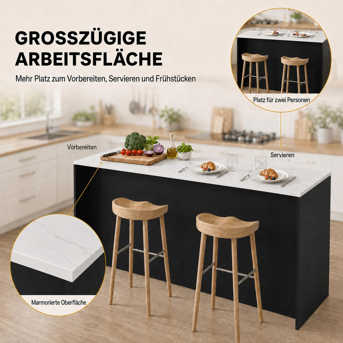 KÜCHENINSEL DE-41097 135/55/91 cm mit LED-Beleuchtung Schwarz - Schwarz, Holzwerkstoff (135/91/55cm) - ComfortXL
