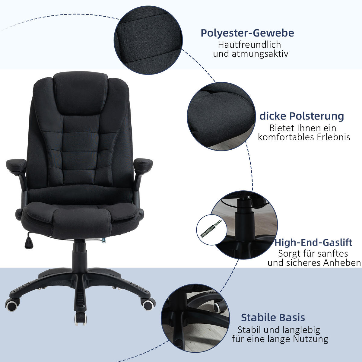 BÜROSTUHL Drehstuhl ergonomisch Schaumstoff Kunststoff leinenartiges Polyester - Schwarz, Kunststoff (72/120/65cm) - Vinsetto