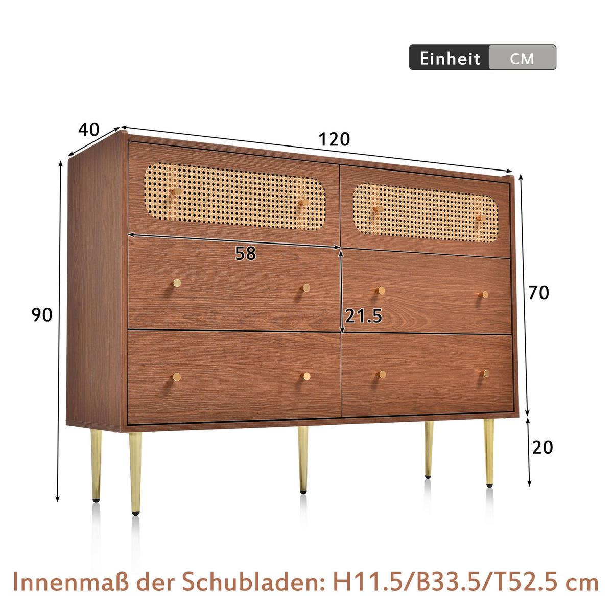 KOMODA 120/40/90 cm ze dřeva a kovu se 6 zásuvkami a ratanovými čely, Ořechová - přírodní, kov (120/90/40cm) - Redom