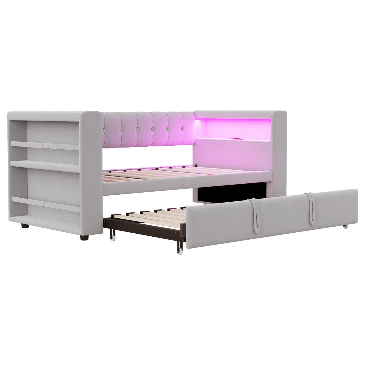 SCHLAFSOFA 90/180 × 190 cm in Hellgrau Stoff mit LED, Steckdose und Stauraum - Hellgrau, Holzwerkstoff/Textil (90/190cm) - WISHDOR