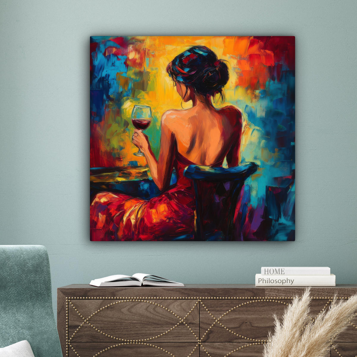 LEINWANDBILD Wein - Frau - Stimmungsvoll - Farbenfroh 90x90 cm - Bordeaux, Textil (90/90cm) - MuchoWow