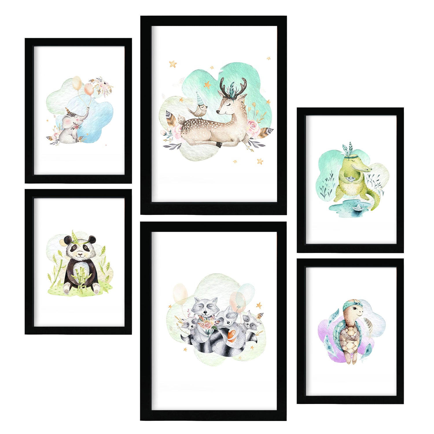 POSTER Set Mit 6 Tierfamilien Weißer Hintergrunddruck Mit Tierfamilienthemen Im Pastell Aquarell Stil Innenarchitektur A3 & A4 Schwarzer Rahmen - Schwarz, Papier (29/3cm) - Nacnic
