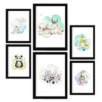POSTER Set Mit 6 Tierfamilien Weißer Hintergrunddruck Mit Tierfamilienthemen Im Pastell Aquarell Stil Innenarchitektur A3 & A4 Schwarzer Rahmen - Schwarz, Papier (29/3cm) - Nacnic