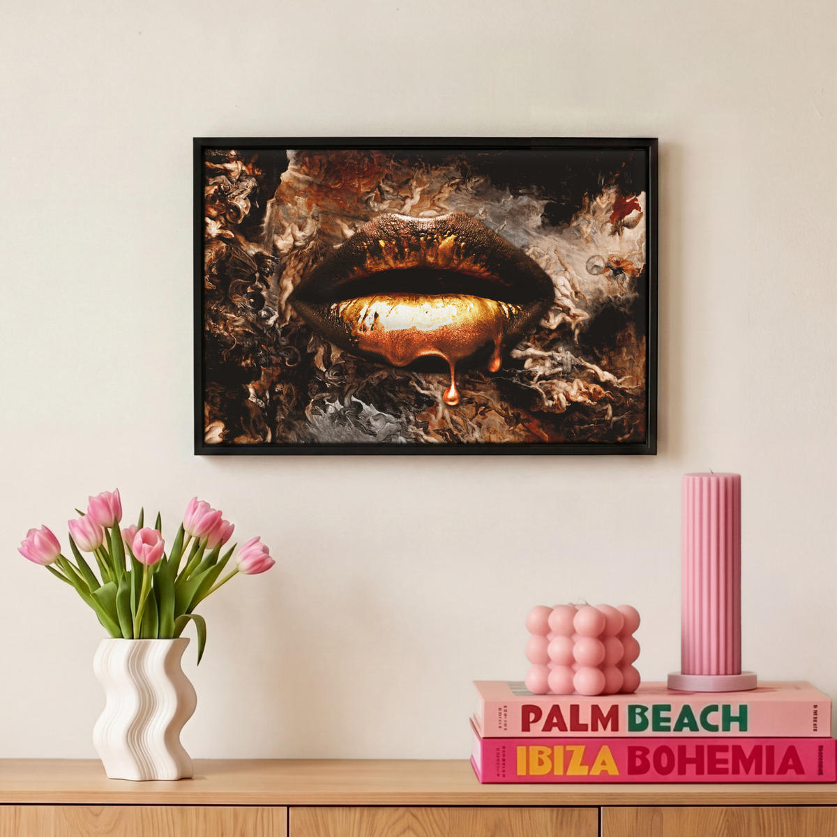 LEINWAND Bilder mit Rahmen - Gold - Lippen - Kunst - Gold - Luxus - Abstrakt - 30x20 - Kupferfarben, Textil (30/20cm) - MuchoWow