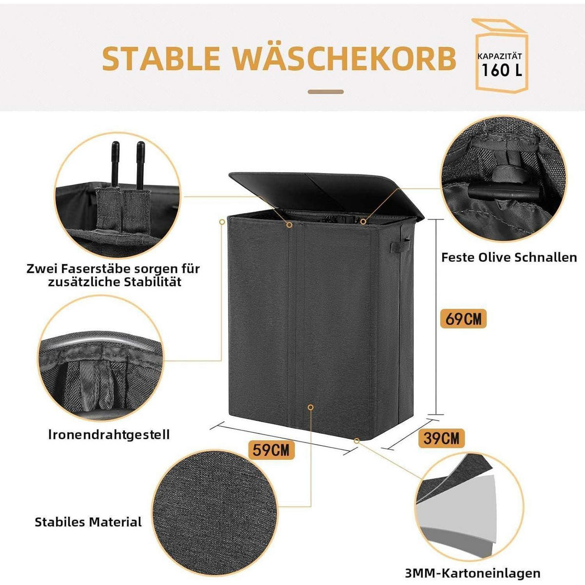 WÄSCHEKORB 3 Fächer Dunkelgrau 160L - Anthrazit, Textil (39/69/59cm)