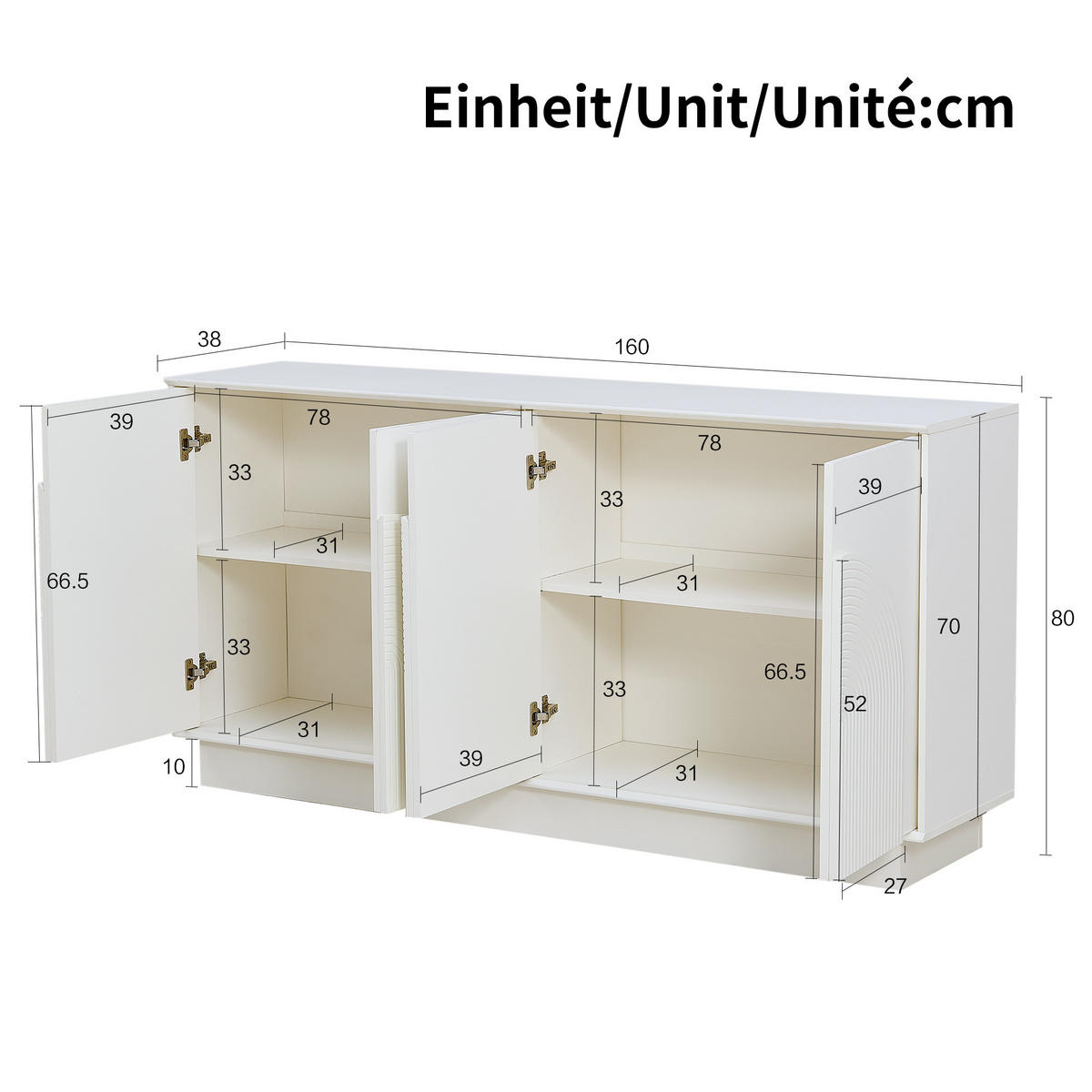 SIDEBOARD in Weiß Anrichte aus MDF mit 4-Türen-Design für Wohnzimmer und Esszimmer, B160/T38/H80 cm - Weiß, Holzwerkstoff/Metall (160/80/38cm) - STILVORA