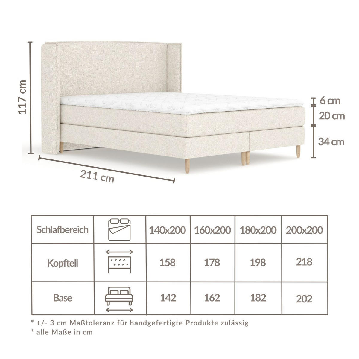 KONTINENTALBETT Ardis Beige Grau 160/200 cm mit Matratze und Topper - Naturfarben/Grau, Holz/Holzwerkstoff (160/200cm) - Maison de Reve
