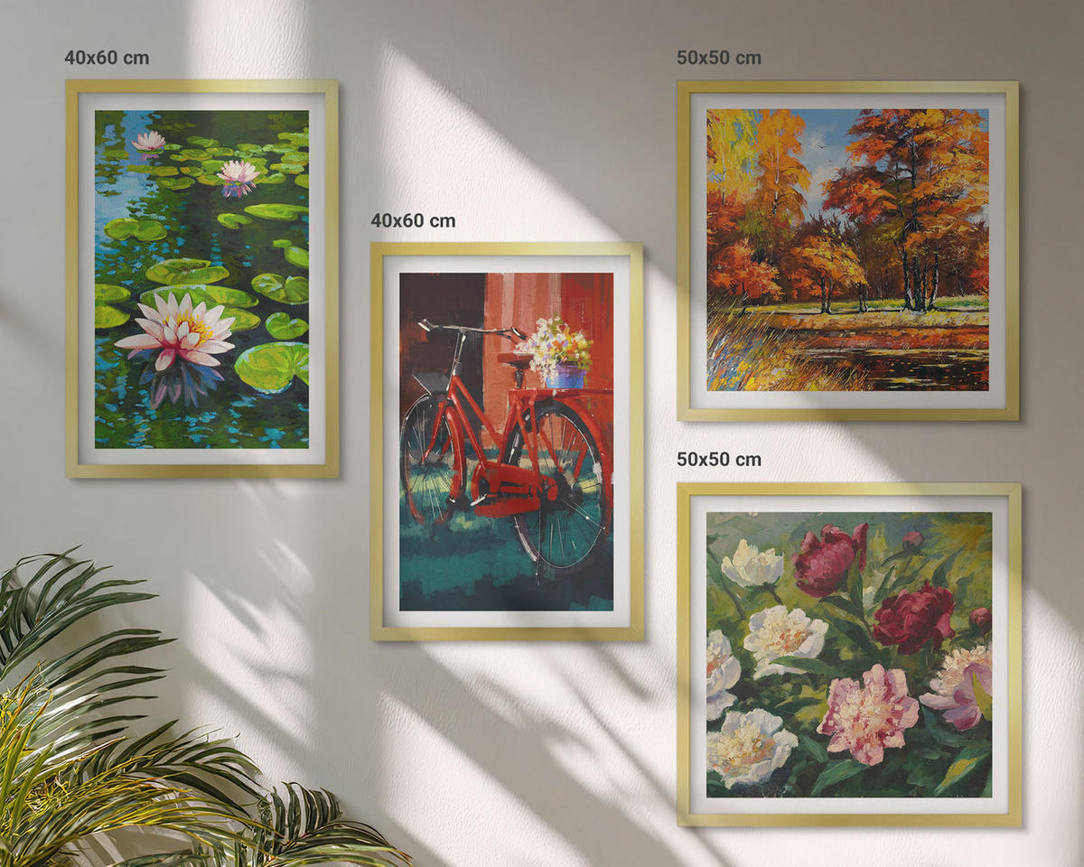 WANDBILDER 4er Set - 50x50 cm & 40x60 cm Goldrahmen - Herbstfarben Seerosenteich - Goldfarben, Kunststoff (50/50cm) - ArtPrintCave
