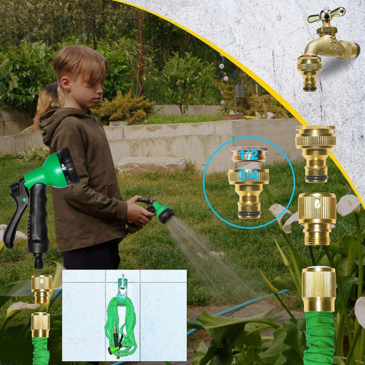 GARTENSCHLAUCH flexibel 30 m mit 8 Sprühmustern und Adaptern - Grün, Kunststoff (28cm)
