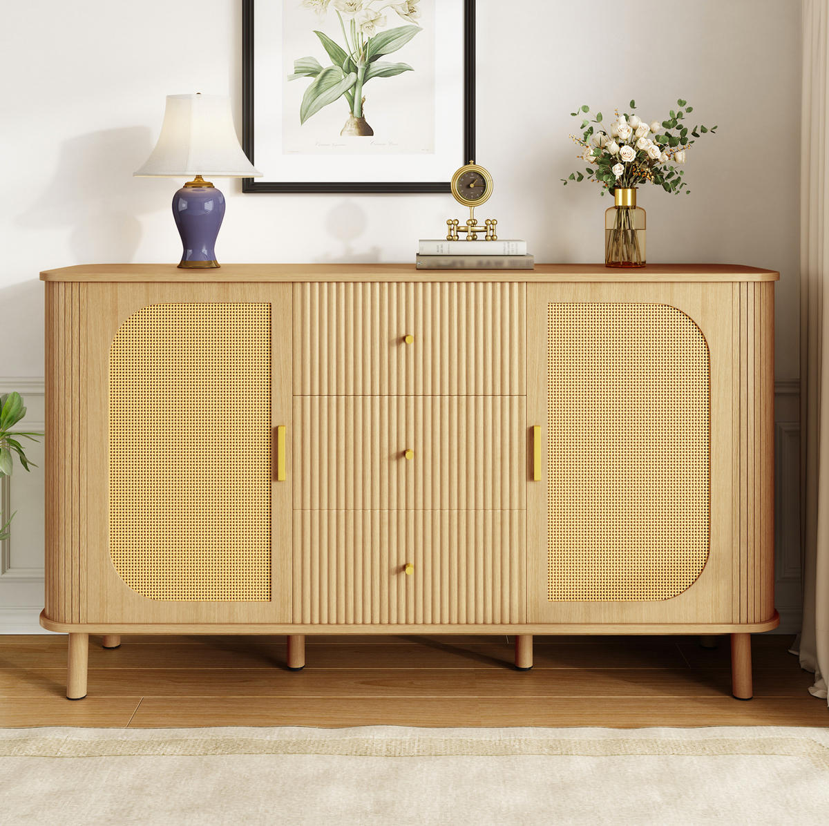 SIDEBOARD 140/40/80 cm in Naturfarbe mit 2 Türen, Schubladen & Metallbeinen - Naturfarben, Holzwerkstoff (140/80/40cm) - BEAOK