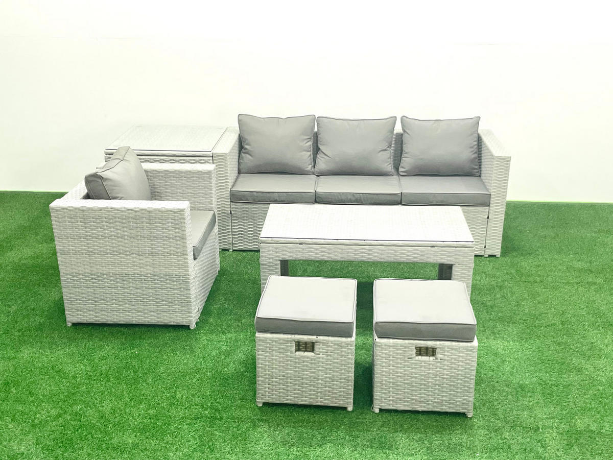 BALKONMÖBEL-SET Polyrattan Hellgrau-Mix 6-teilig - Hellgrau/Grau, Glas/Kunststoff - Fimous