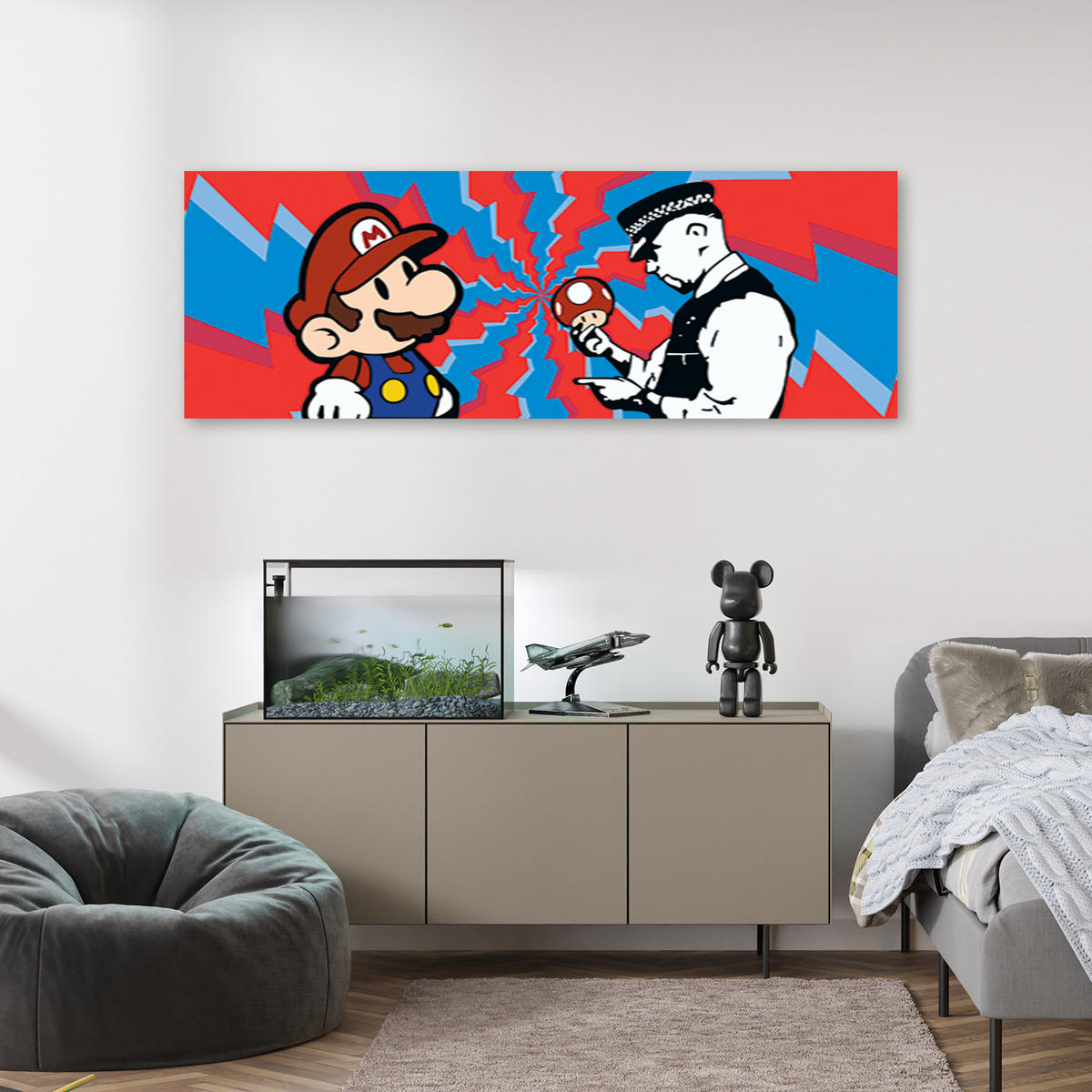 LEINWANDBILD, Banksy Mario und der Polizist 90x30cm - Multicolor, Textil (90/30cm) - Feeby