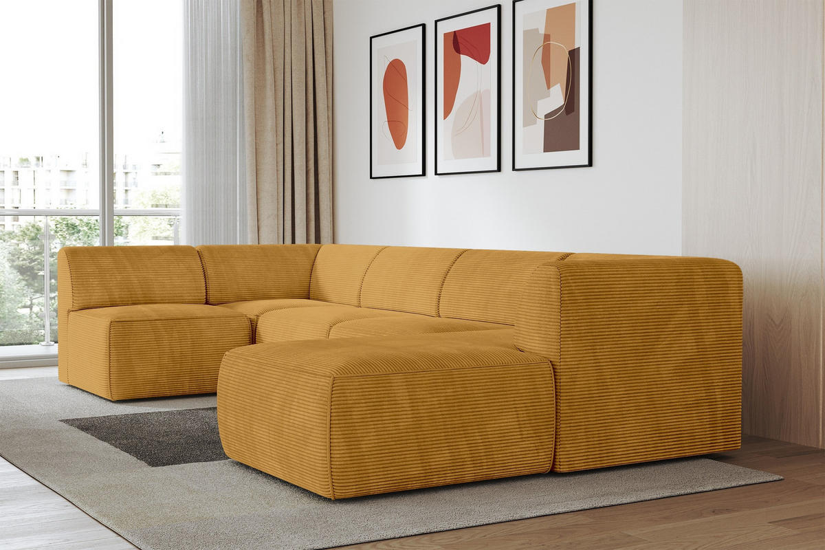 WOHNLANDSCHAFT Ottomane Rechts MOVO-L 345x180x78 cm Senffarbe Cord - Currygelb/Dunkelgelb, Holzwerkstoff/Kunststoff (345/78/180cm) - ALTDECOR