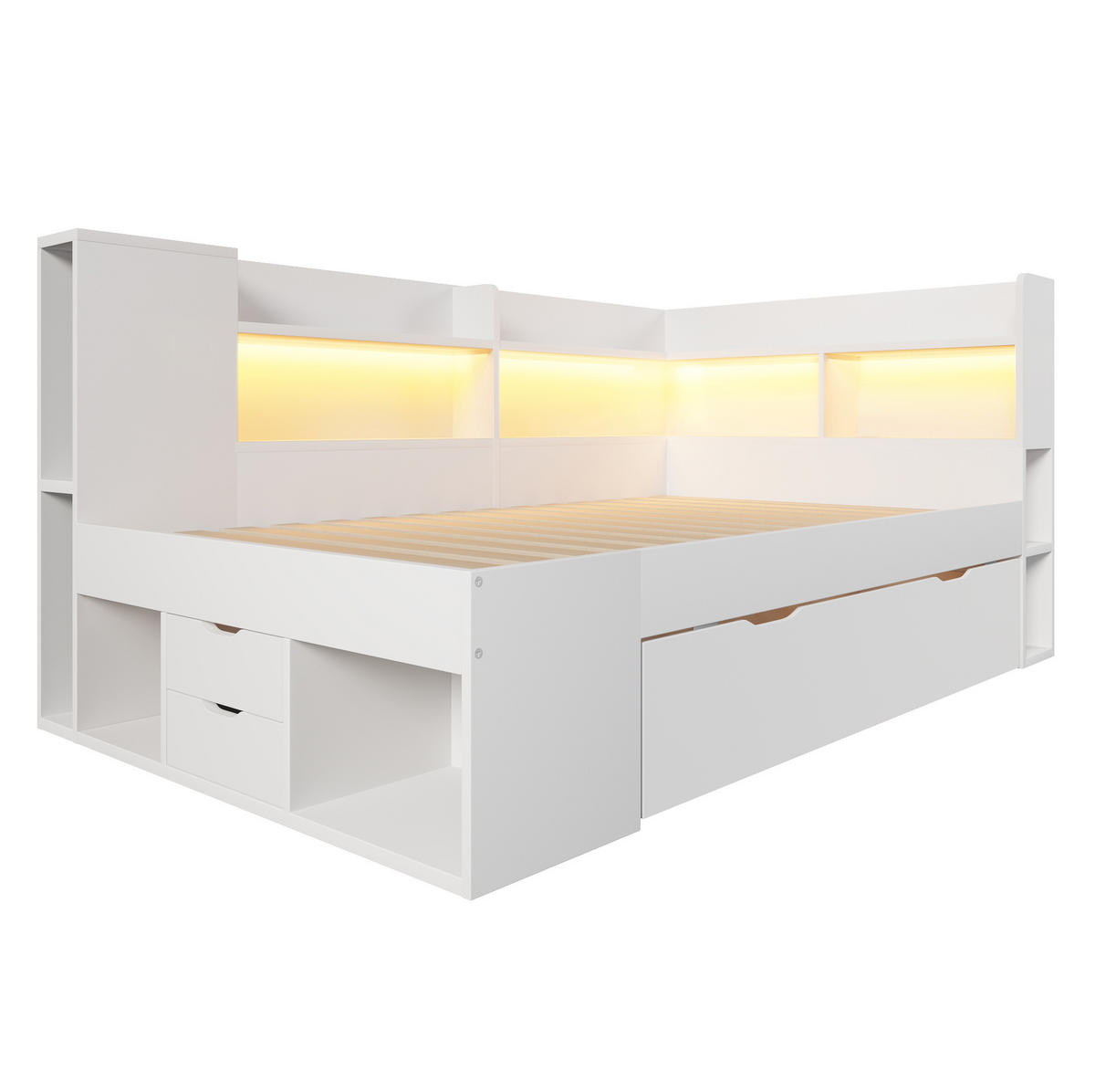 DENNÁ posteľ 90/200 cm biela s LED osvetlením USB nabíjaním a úložným priestorom z dreva - biela, textil (90/200cm) - OKWISH