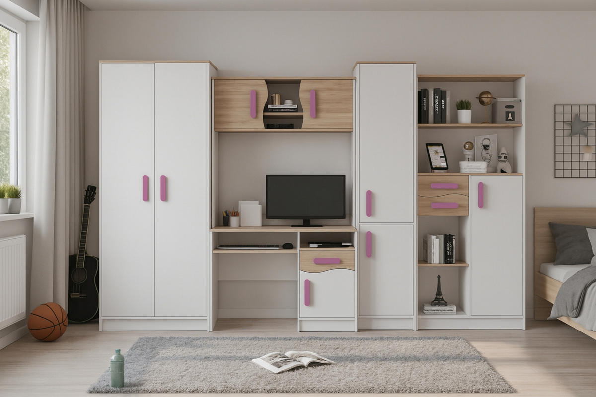 REGAL MIKI 01 Korpus Weiß | Griffe Rosa - Rosa/Weiß, Holz/Holzwerkstoff (40/197/38cm) - Deine Möbel 24