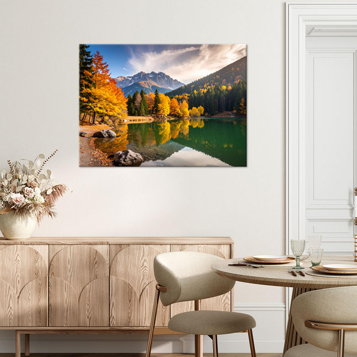 LEINWANDBILD Herbstlandschaft See Berge 120x80cm - Gelb, Textil (120/80cm) - Feeby