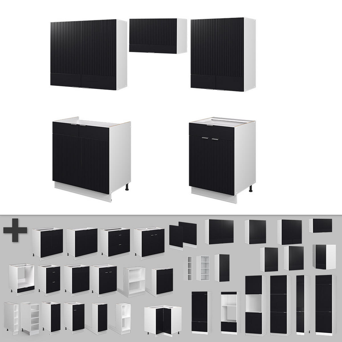 KÜCHENZEILE Fame-Line, Schwarz gestreift/Weiß, 200 cm ohne Arbeitsplatte - Schwarz/Weiß, Holzwerkstoff (200/81.6/46cm) - Vicco