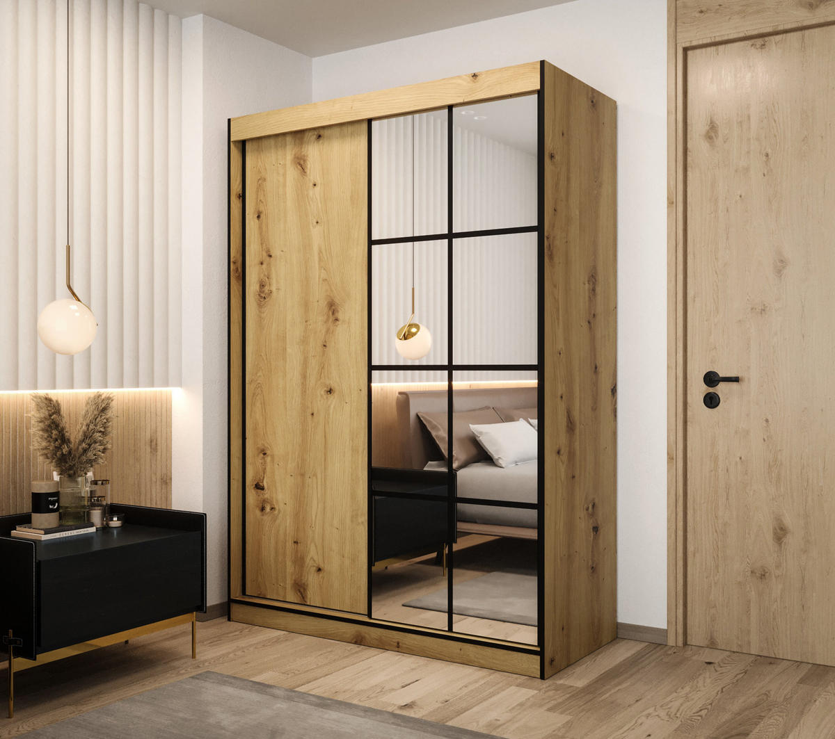 SCHIEBETÜRENSCHRANK MODENA 2 150, 2-türig Kleiderschrank mit 1 Spiegel, Moderne Garderobe, Schrank in Größe: 150 x 216 x 65 cm - Schwarz/Braun, Holzwerkstoff (150/216/65cm) - O-Sofa