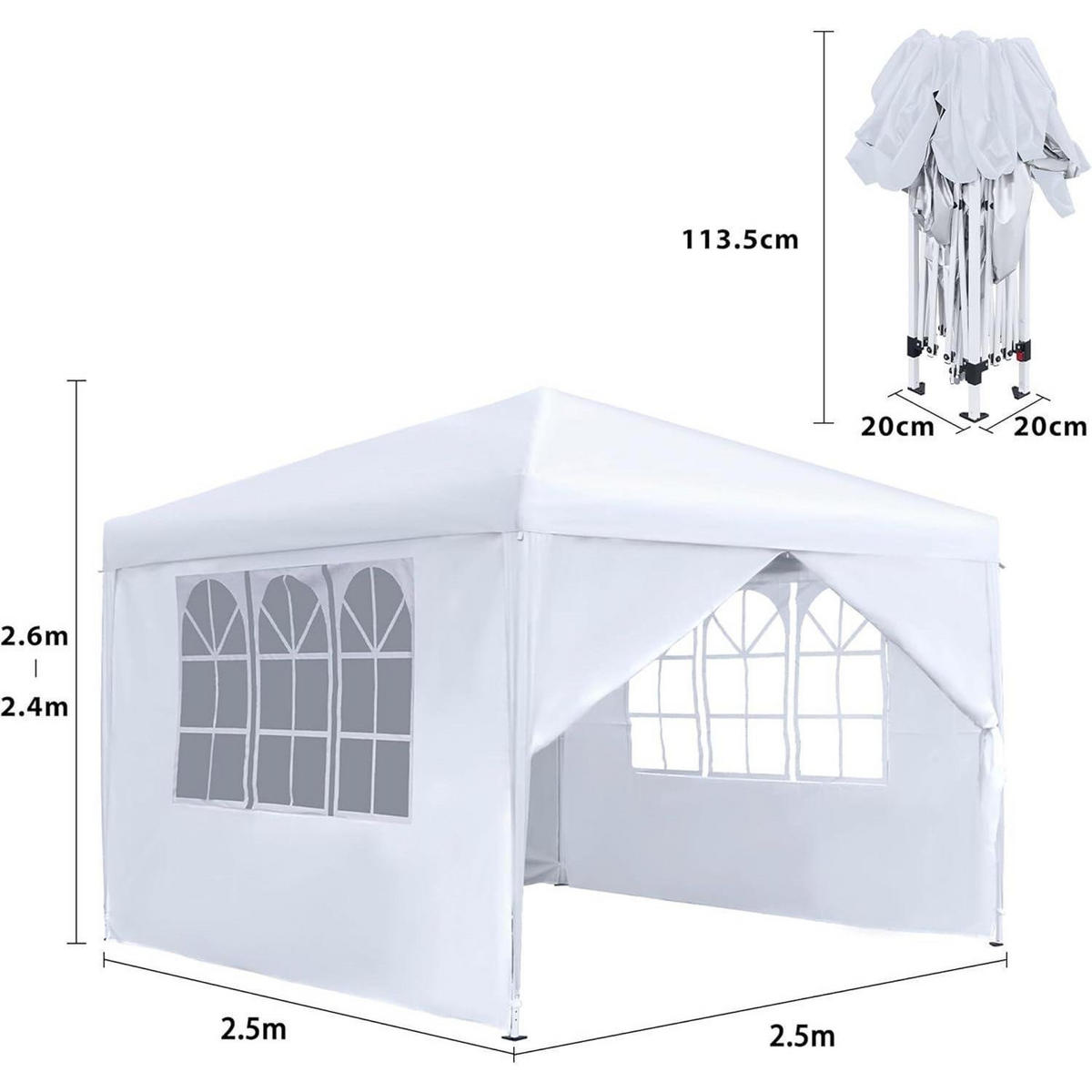 FALTPAVILLON 2,5 x 2,5 m mit Seitenteilen und Fenstern Weiß - Weiß, Textil (250/260/250cm)