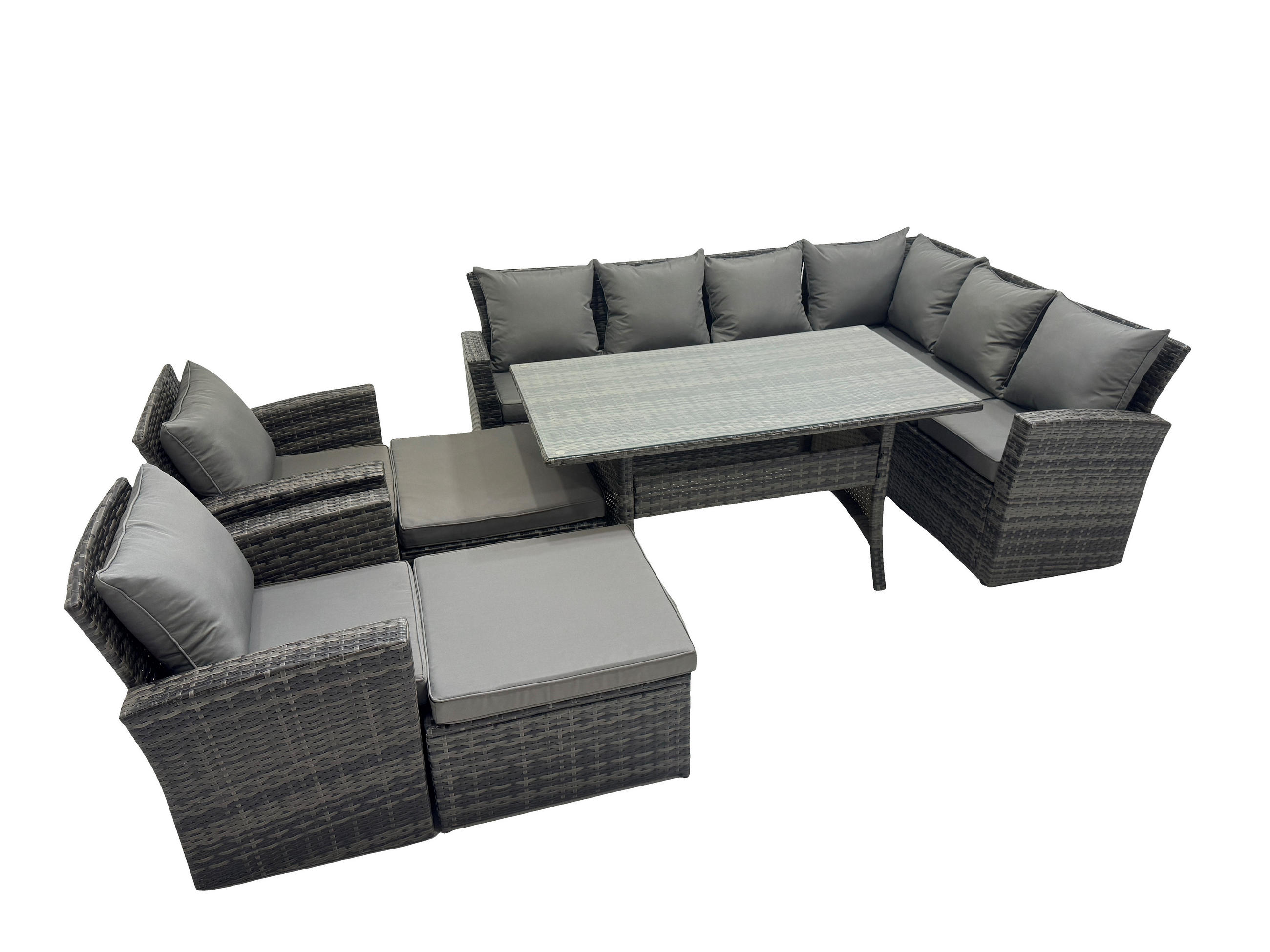 LOUNGEGARNITUR mit Esstisch Sofa Polyrattan Dunkelgrau 10-Sitzer - Dunkelgrau/Grau, Glas/Kunststoff - Fimous
