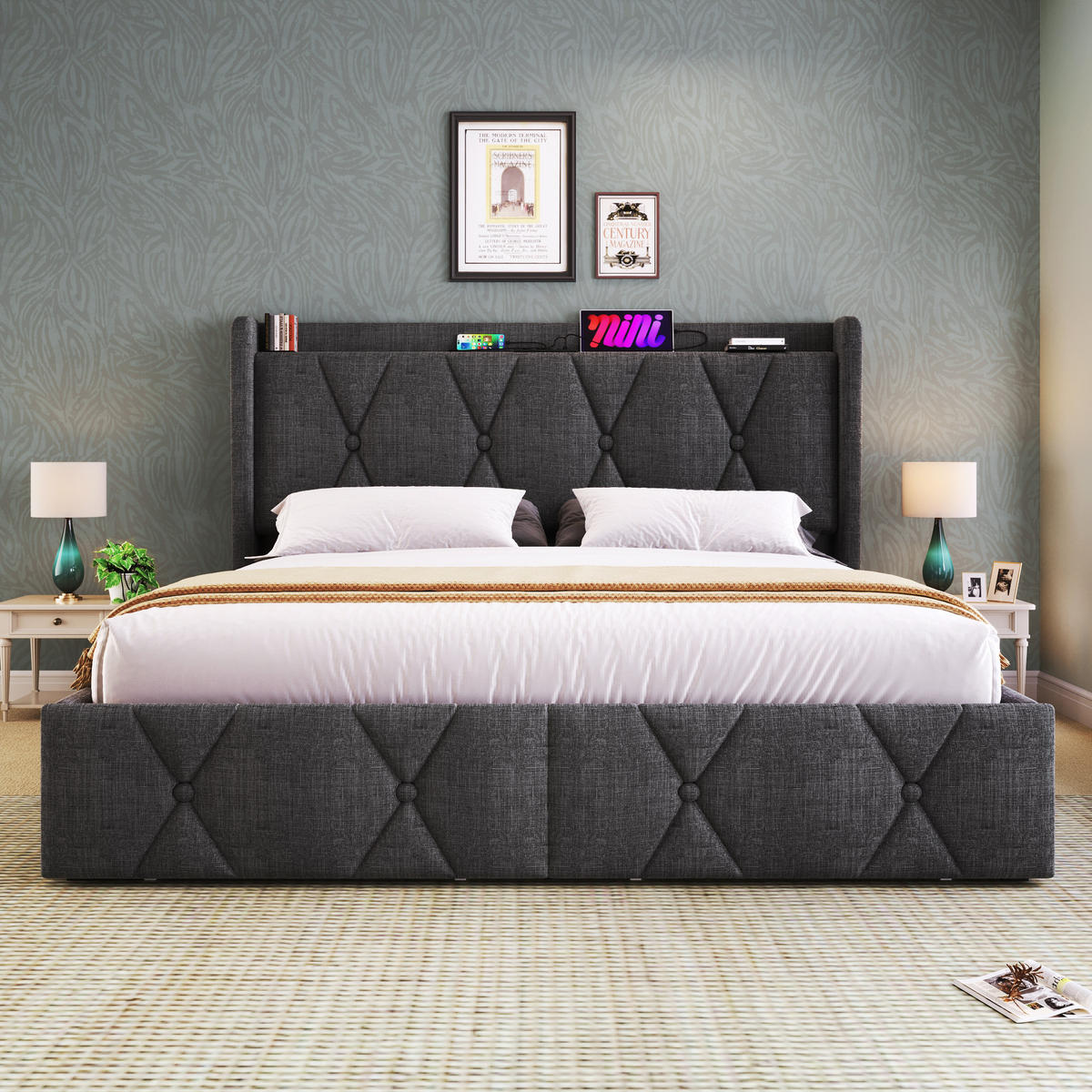 POLSTERBETT 140/200 cm in Grau Leinen mit 4 Schubladen, USB und Steckdose - Grau, Holzwerkstoff/Textil (140/200cm) - WISHDOR