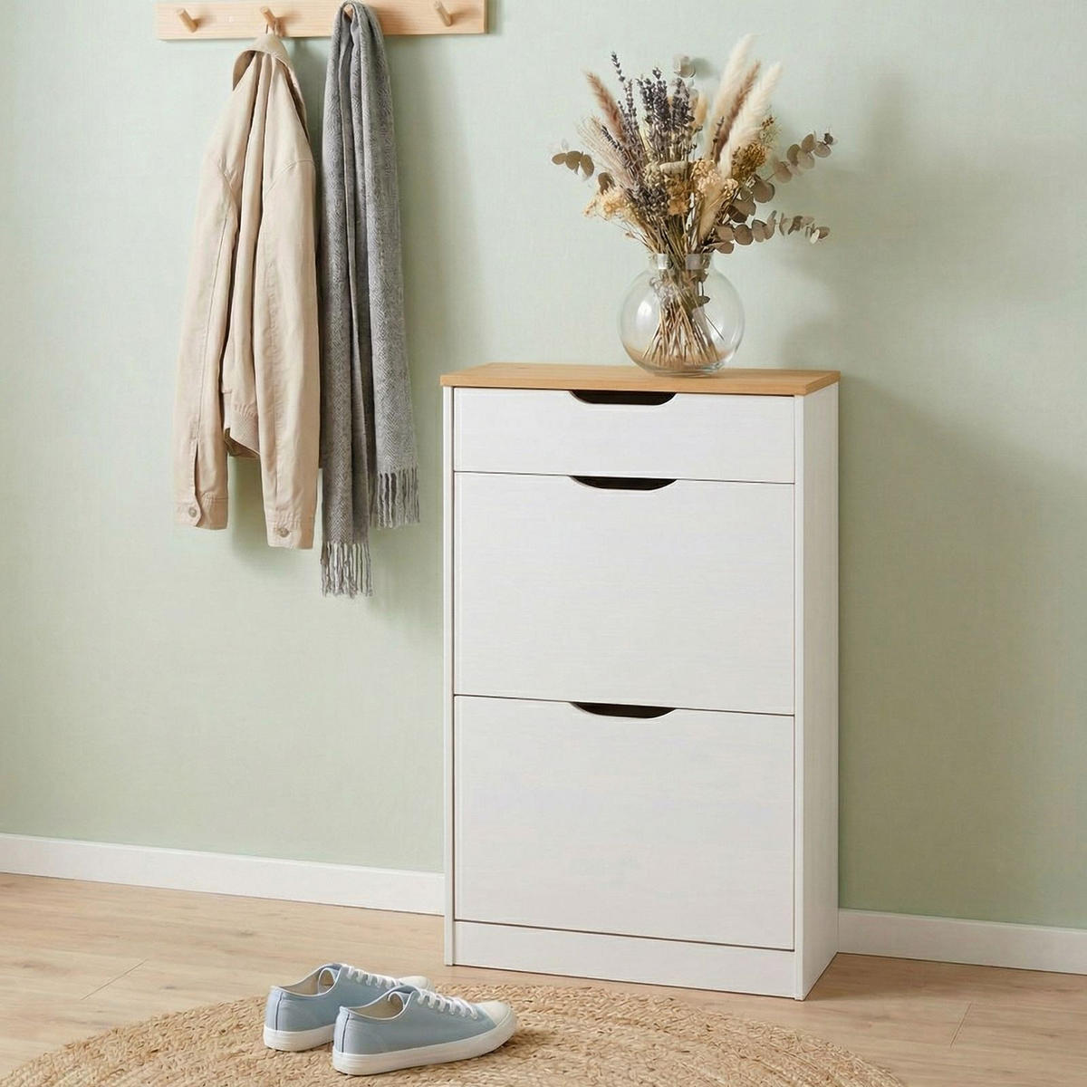 SCHUHSCHRANK BASIL weiß/braun - Weiß/Braun, Holz (58/93/25cm) - IDIMEX