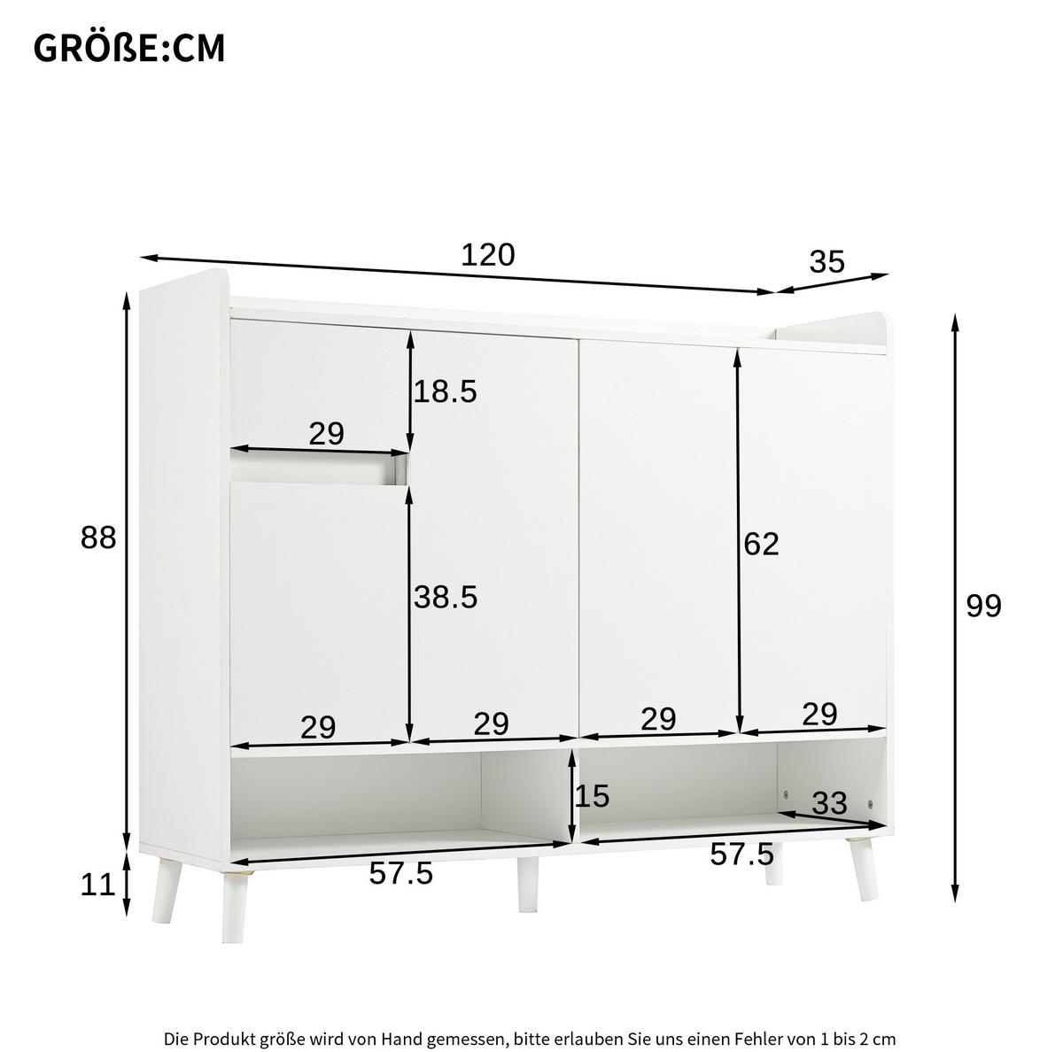 SCHUHSCHRANK 120/35/99 cm mit 4 Türen, 1 Schublade, verstellbarem Einlegeboden und Kippsicherung, aus Spanplatte, Weiß - Weiß, Holzwerkstoff (120/99/35cm) - Redom