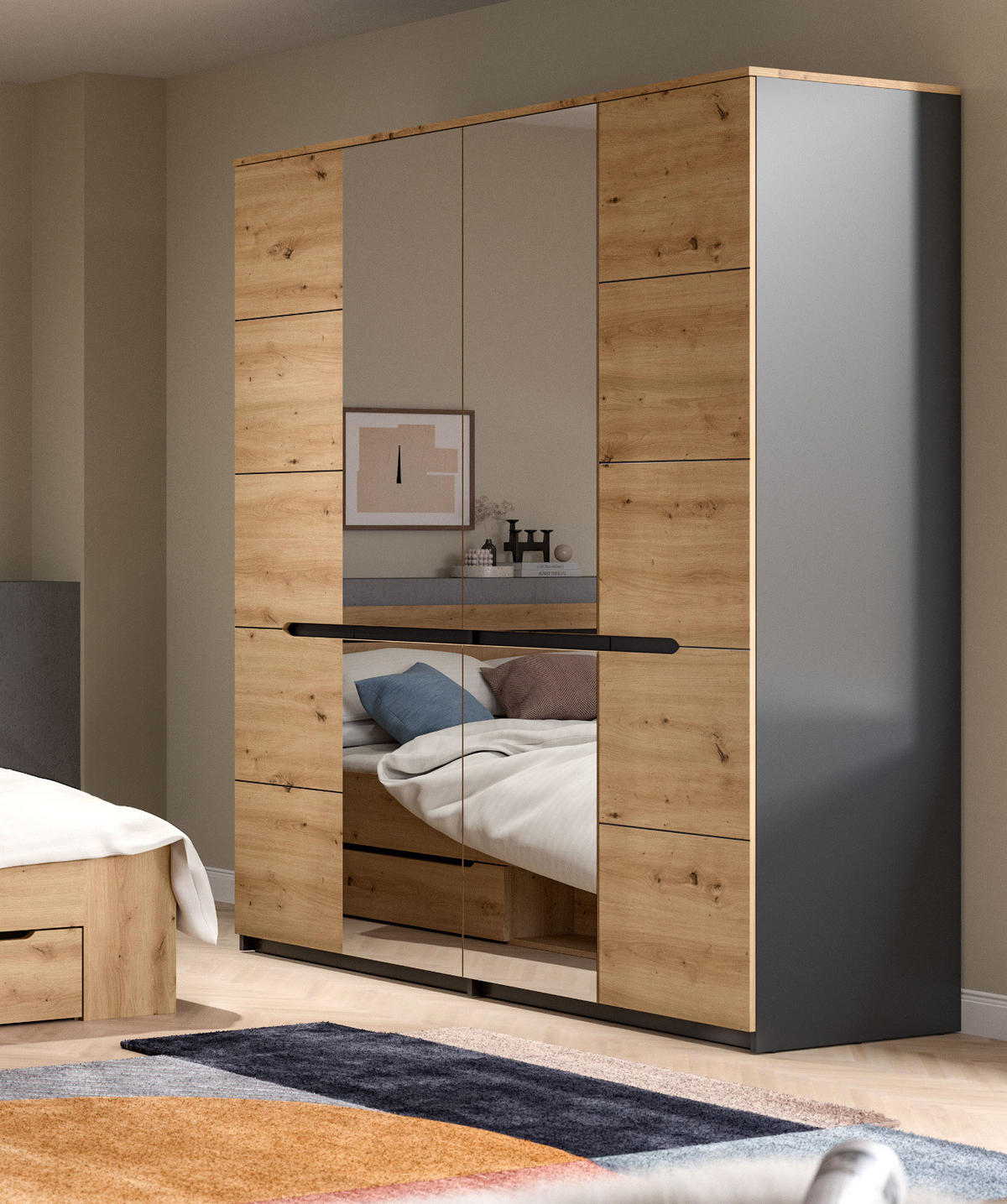 KLEIDERSCHRANK Eiche Artisan, grau 4-türig 180 cm, Drehtürenschrank mit Soft-Close und Spiegel - Eiche Artisan/Grau, Glas/Holzwerkstoff (180/198/59cm) - Inn.Furn