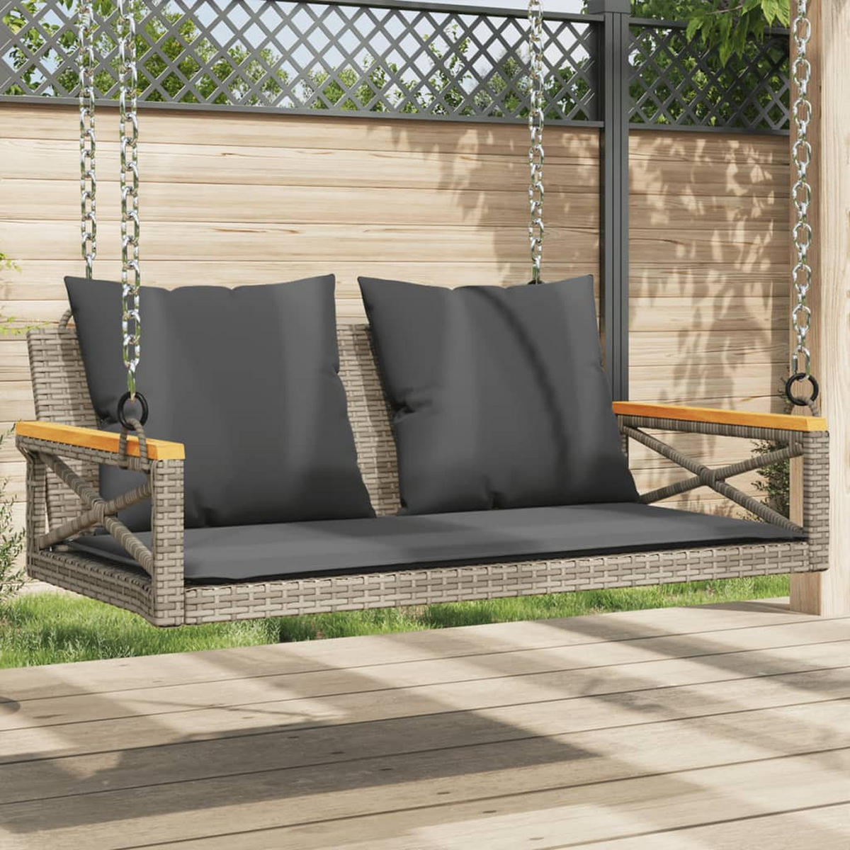 HÄNGEBANK mit Kissen Grau 109x62x40 cm Poly Rattan - Grau, Holz (109/40/62cm) - furnicato