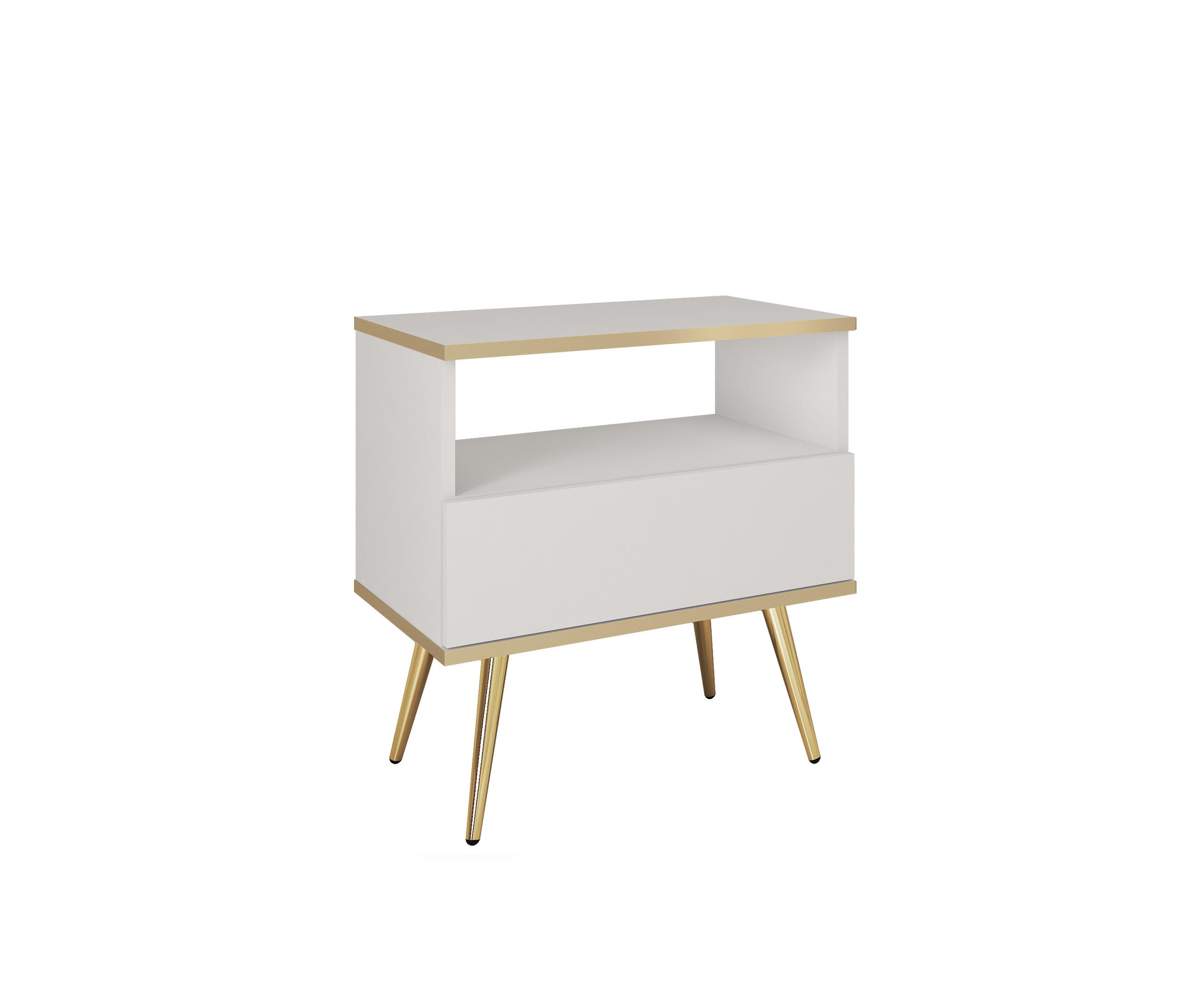 NACHTTISCH Weiß - S-54, Hochglanz, Schubladen Push-to-Open 54x39x59 cm Weiß/Gold - Goldfarben/Weiß, Holzwerkstoff/Kunststoff (54/59/39cm) - DomoHome