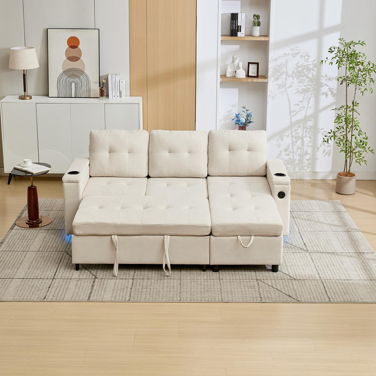 SCHLAFSOFA, Stoff mit Stauraum & LED-Lichtleiste, 208/146/89,5 cm, Beige - Beige, Textil (146/89.5/208cm) - Redom