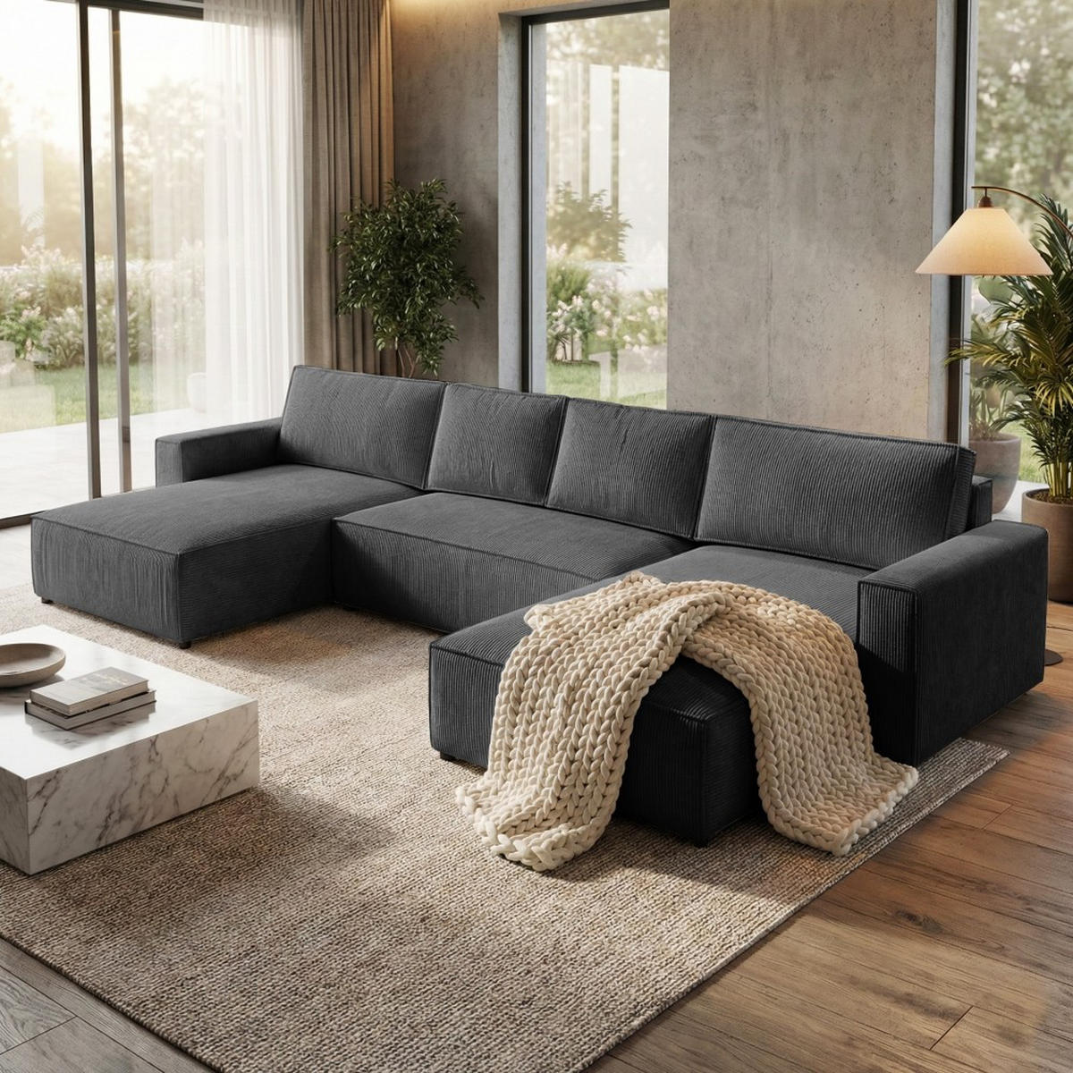 WOHNLANDSCHAFT Parys U mit Schlaffunktion dunkelgrau - Dunkelgrau/Schwarz, Kunststoff/Textil (390/70/185cm) - Beautysofa