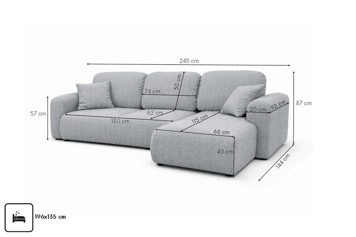 ECKSOFA Mit Schlaffunktion Und Bettkasten, Sofa L-Form Bingo L, Chenille-Stoff Artico, Cement, Rechts - Hellgrau, Holz (245/144cm) - Kaiser Möbel