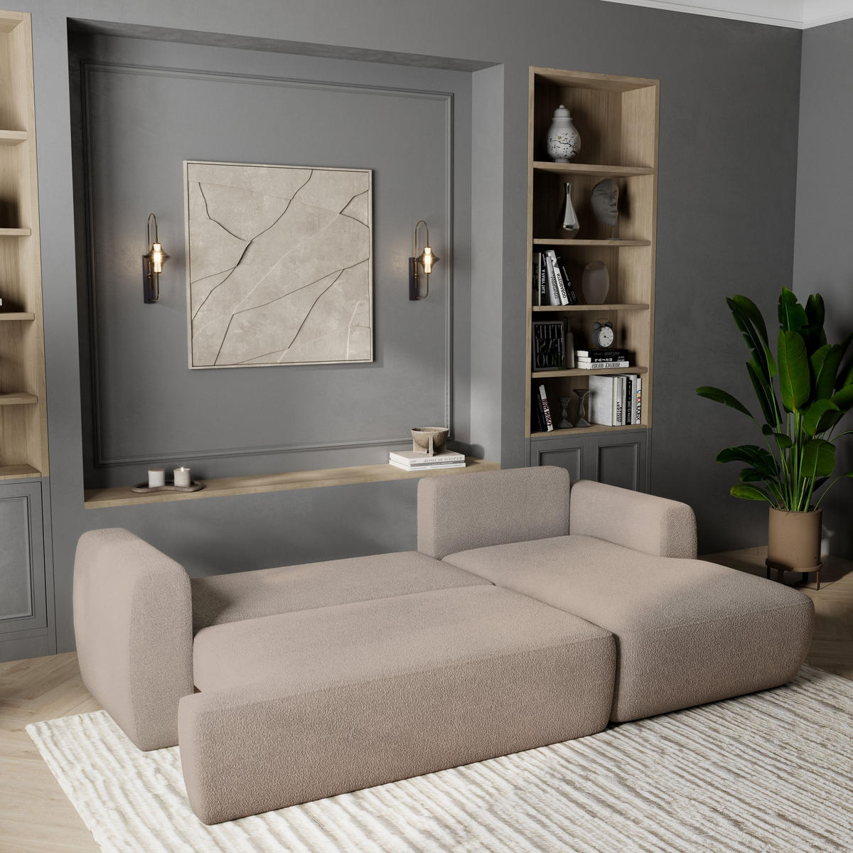 ECKSOFA SENTI N R-S Beige Boucle-Stoff mit Schlaffunktion - Beige, Holz (246/148cm) - MASSENO