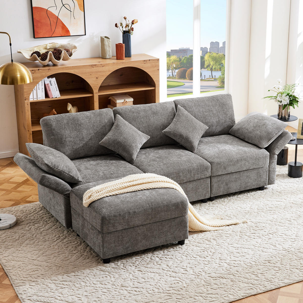 ECKSOFA, Chenille mit verstellbaren Armlehnen & Hocker, 218/156,5/86 cm, Grau - Grau, Textil (156.5/218cm) - Redom