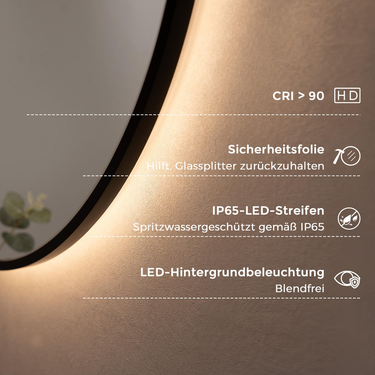 BADSPIEGEL mit Beleuchtung 80 cm rund schwarz mit Aluminiumrahmen, LED dimmbar und Antibeschlag - Schwarz, Glas (80/80/3.3cm) - S'AFIELINA