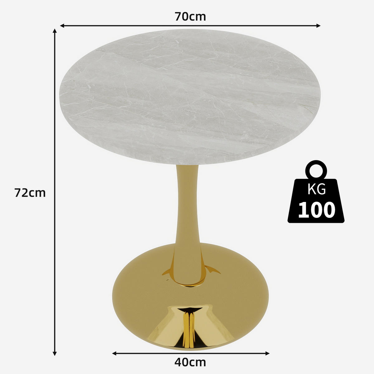 COUCHTISCH 70/70/72 cm Gold Weiß mit runder Kunstmarmorplatte im Minimal-Design - Goldfarben, Stein (70/70/72cm) - OKWISH
