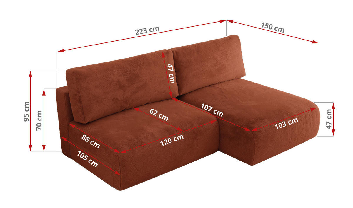 ECKSCHLAFSOFA VIVO L Orange Plüsch - links - Schwarz/Orange, Kunststoff/Textil (223/150cm) - MKS