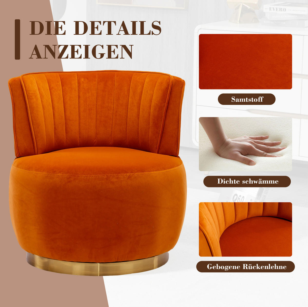 DREHSESSEL 62,5/62/69,5 cm aus Samt mit 360°-Drehfunktion in Orange - Orange, Textil (62/69.5/62.5cm) - BEAOK