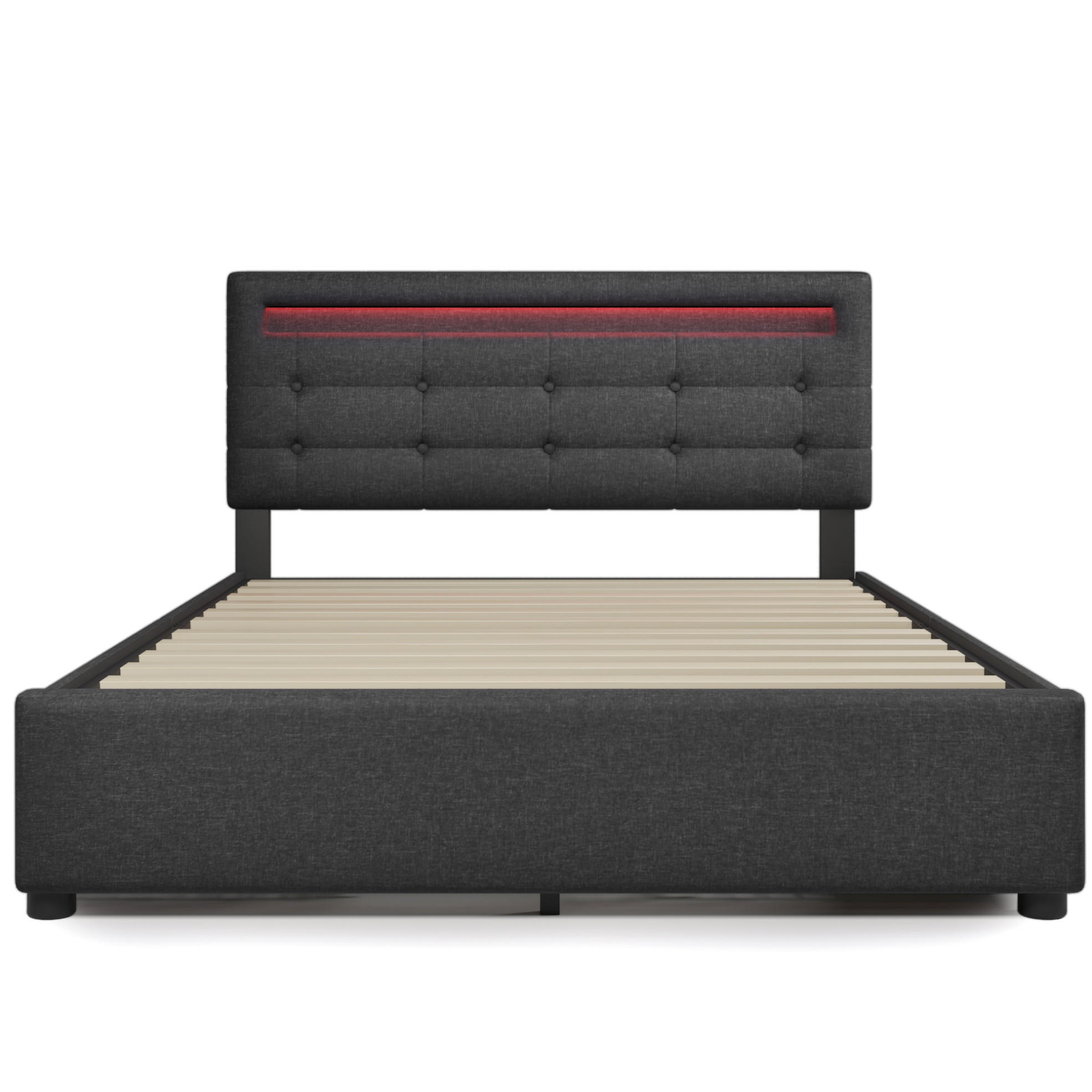 POLSTERBETT aus Leinenstoff 140x200 cm Grau mit LED-Beleuchtung, 4 Schubladen und Matratze - Grau, Textil (140/200cm) - IVMEU
