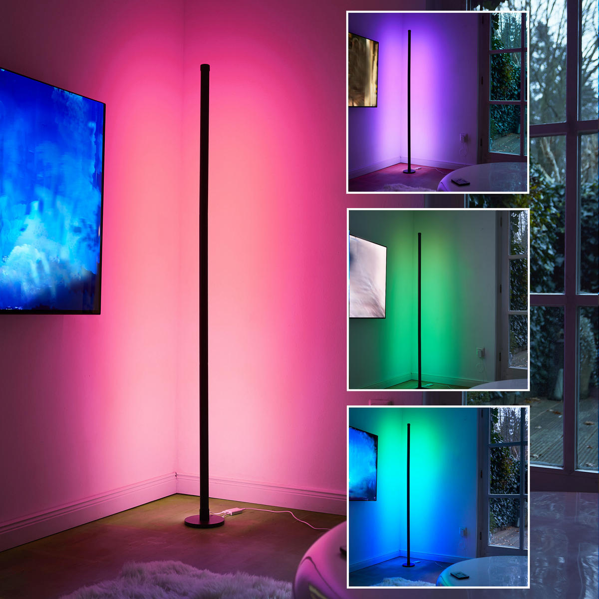 LED-ECKLAMPE - mit Fernbedienung und integriertem Musiksensor für RGB Farbeffekte in Schwarz - Schwarz, Kunststoff (15.5/15.5/147.5cm) - Northpoint
