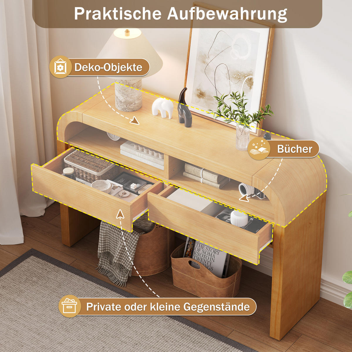 BEISTELLTISCH in Naturfarbe Moderner Konsolentisch mit Schubladen für Diele, Flur und Wohnzimmer, B120/T35.5/H76.5 cm - Naturfarben, Holzwerkstoff/Metall (35.5/120/76.5cm) - STILVORA