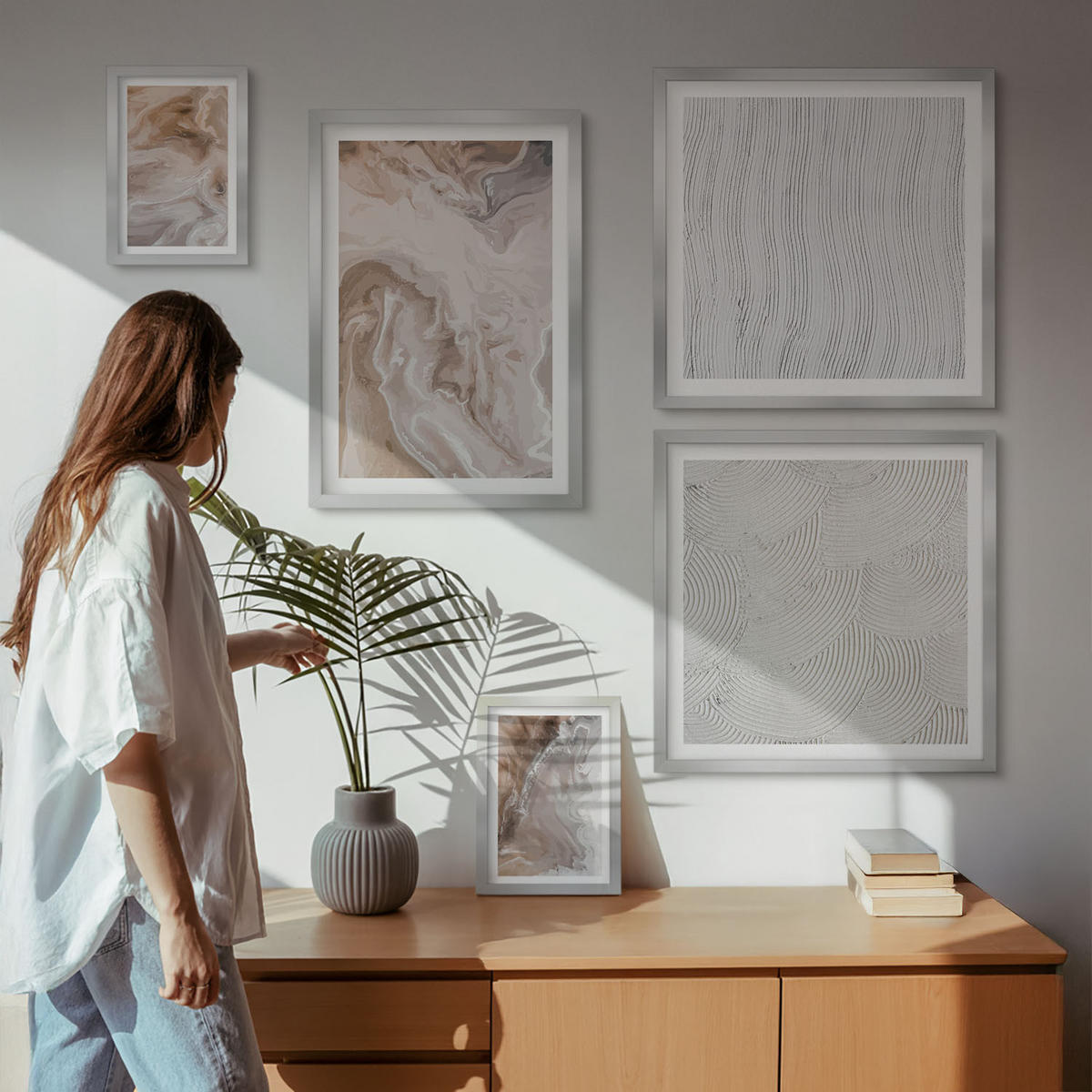 BILDER SET 5er Set - 50x50 cm & 20x30 cm & 40x60 cm Silberner Rahmen - Abstrakte Marmormuster aus Stein - Silberfarben, Kunststoff (40/60cm) - TULUP